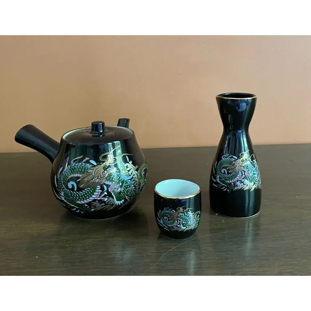 Vintage Japanese Dragon Tea Set Porcelain Teapot Sake Bottle Cup Moriage Style